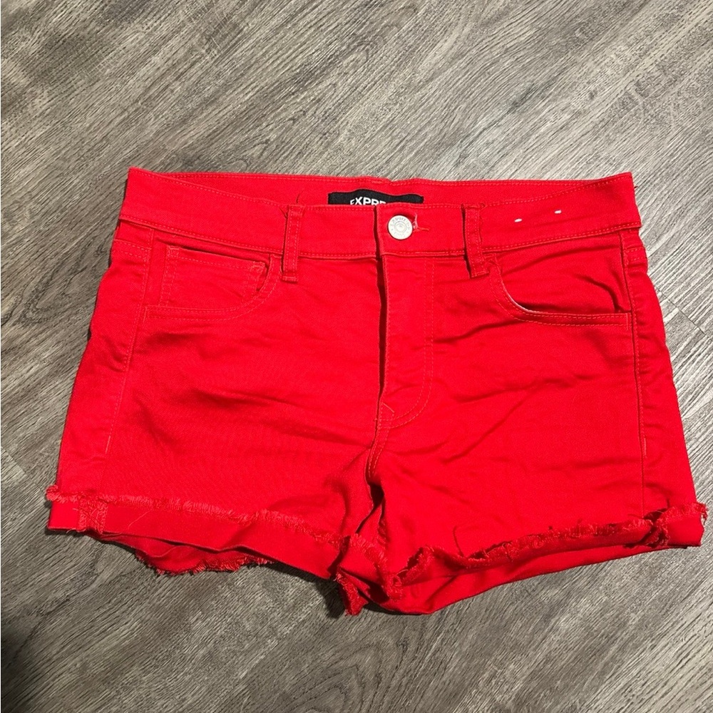 Express Red Denim Frayed Hem Women's Shorts